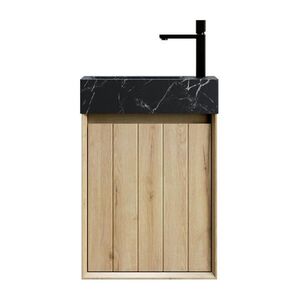 OKWISH KÚPEĽŇOVÁ skrinka s umývadlom 40 cm čierna/biely dub nástenná z mramoru a preglejky s 1 dvierkami vyobraziť