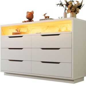 OKWISH KOMODA 120/40/85 cm biela s LED osvetlením zo spájaných drevených dosiek a 6 zásuvkami vyobraziť