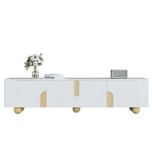 OKWISH TV stolík 180/40/44 cm bielo-drevený z MDF a drevotriesky so 4 dvierkami a povrchom v mramorovom vzhľade vyobraziť