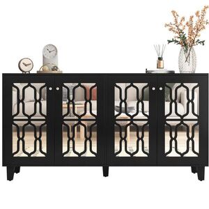 OKWISH KOMODA 160/40/84 cm čierna z MDF so zrkadlovým povrchom, 4 dverami a nastaviteľnými policami vyobraziť