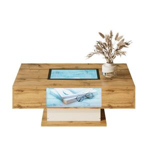 OKWISH KONFERENČNÝ stolík 110, 2/60/39, 7 cm v prírodnej farbe a bielej s LED osvetlením a 2 zásuvkami z drevotriesky a skla vyobraziť