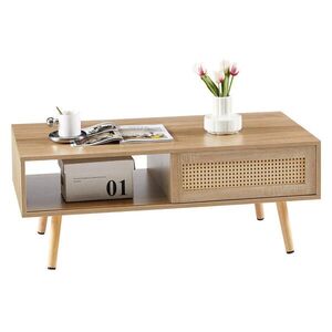 OKWISH KONFERENČNÝ stolík 55/105/40 cm prírodná farba z MDF s ratanovými posuvnými dvierkami a nohami z masívneho dreva vyobraziť