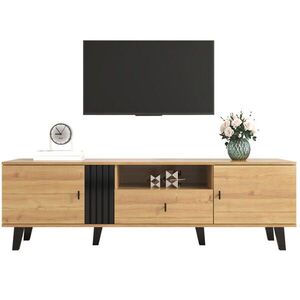 OKWISH TV stolík 170/40/50, 5 cm prírodná a čierna z drevotriesky a skla s dvierkami, zásuvkou a úložným priestorom vyobraziť