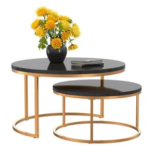 OKWISH OKRÚHLY konferenčný stolík, 2‑dielna sada, čierny a zlatý, stabilný železný rám a MDF doska 80/80/45 + 60/60/33, 5 cm vyobraziť