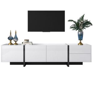 OKWISH TV stolík 190/35/45 cm bielo-čierny s dvierkami a zásuvkami z drevotriesky vyobraziť