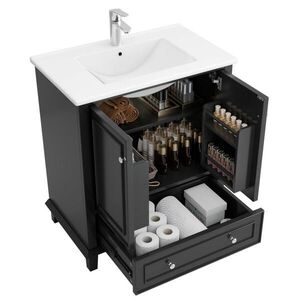 OKWISH KÚPEĽŇOVÁ skrinka s umývadlom 73/45/87 cm biela a čierna z MDF a keramiky s zásuvkou a 2 dvierkami vyobraziť
