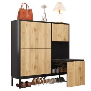 OKWISH SKRINKA na topánky 25/100/100 cm čierna a prírodná z MDF s výsuvnou lavicou a tromi výklopnými priehradkami vyobraziť