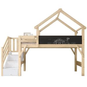 OKWISH POSCHODOVÁ posteľ 90/200 cm biela a prírodná z borovice MDF a preglejky so schodmi a tabuľou vyobraziť
