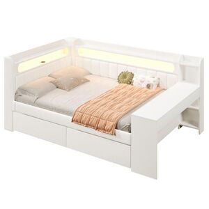 OKWISH ČALÚNENÁ posteľ 140/200 cm biela s LED osvetlením USB písacím stolom a 2 zásuvkami z MDF vyobraziť