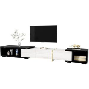 OKWISH TV stolík 140–260/40/30 cm biely a čierny v mramorovom dekore otočný a rozkladací z MDF a drevotriesky vyobraziť