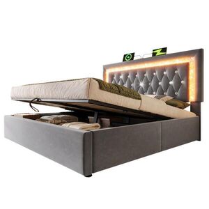 OKWISH ČALÚNENÁ posteľ 140/200 cm sivá s LED, USB a úložným priestorom zo zamatu vyobraziť
