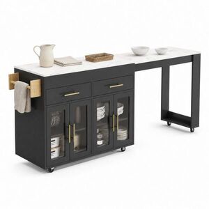 STILVORA KUCHYNSKÝ OSTROV biely a čierny s kolieskami a výsuvnou doskou, Š132, 5–217/H50/V93 cm vyobraziť