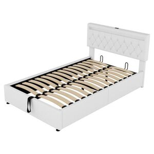 WISHDOR ČALÚNENÁ POSTEĽ 140/200 cm v bielej ľanovej látke s úložným priestorom, LED osvetlením, USB a Type-C vyobraziť