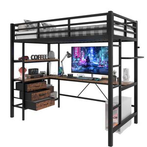 Redom VYVÝŠENÁ posteľ 90/200 cm s LED osvetlením, stolom, USB a 3 zásuvkami, Kov/MDF, Čierna vyobraziť