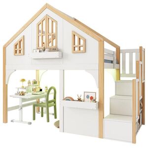 OKWISH VÝŠKOVÁ posteľ 90/200 cm bielo-prírodná s úložnými schodmi LED osvetlením a oknom z borovice a MDF vyobraziť