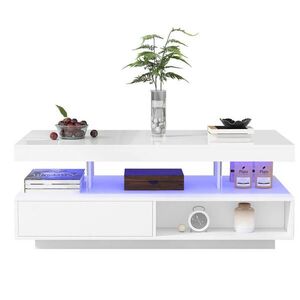 OKWISH KONFERENČNÝ stolík 95/50/42, 5 cm biely z drevotriesky s vysokým leskom sklom zásuvkami otvorenými priehradkami a LED vyobraziť