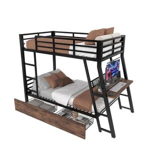 OKWISH VYSOKÁ posteľ 90/200 cm čierna z kovu s písacím stolom LED osvetlením a zásuvkami vyobraziť