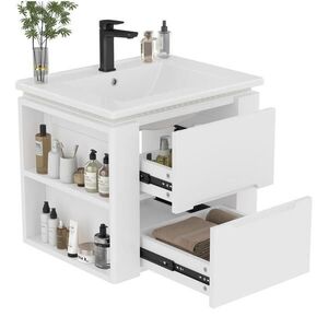 OKWISH KÚPEĽŇOVÁ skrinka s umývadlom 60/46/48, 5 cm biela nástenná z MDF a keramiky s LED senzorom a 2 zásuvkami vyobraziť