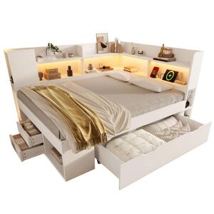 Modfu POSTEĽ s úložným priestorom z dreva 140x200 cm biela s LED osvetlením, USB a Type-C nabíjaním vyobraziť