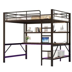 Modfu VYVÝŠENÁ posteľ z kovu a MDF 140x200 cm čierna s LED osvetlením, USB, zásuvkou, písacím stolom a regálom vyobraziť