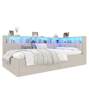 WISHDOR ROZKLADACIA POHOVKA 90/200 cm, béžová, s ľanovým poťahom, úložným priestorom, LED osvetlením, USB a Type-C vyobraziť