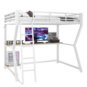 Modfu VYVÝŠENÁ posteľ z kovu 90x200 cm biela s LED osvetlením, písacím stolom, USB a schodmi vyobraziť