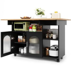 Modfu KUCHYNSKÝ ostrovček z MDF a skla 120x70x79, 5 cm čierna/prírodná s rozkladacou doskou a kolieskami vyobraziť