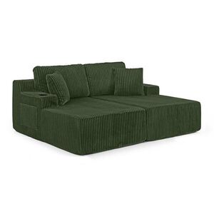 Modfu 2-MIESTNE relaxačné rozkladacie kreslo z kordovej látky 186x154x78 cm zelená s bočným vreckom, držiakom na nápoje a odnímateľnými vankúšmi vyobraziť