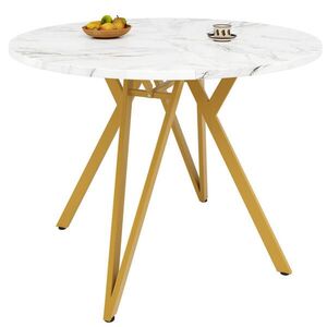 Modfu JEDÁLENSKÝ stôl z MDF 100x100x76 cm zlatý s mramorovým dekorom, nastaviteľnými nožičkami a stabilnou kovovou konštrukciou vyobraziť