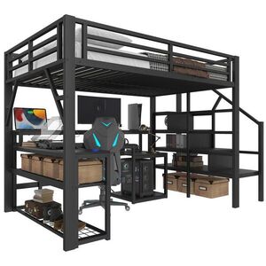 Modfu VYVÝŠENÁ posteľ z kovu a MDF 140x200 cm čierna s LED osvetlením, USB portmi, pracovným stolom a úložným priestorom vyobraziť