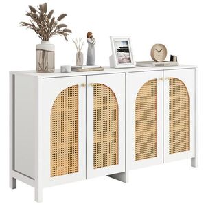 Modfu KOMODA z MDF a PE ratanu 145x40x80 cm biela s 4 dvierkami, kovovými úchytkami a nastaviteľnou policou vyobraziť