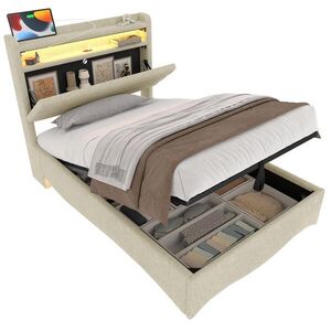 STILVORA ČALÚNENÁ POSTEĽ 90 × 200 cm, béžová, úložný box, LED, USB, Type-C, ľan vyobraziť