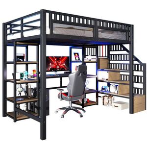 Modfu VYVÝŠENÁ posteľ z kovu 140x200 cm čierna s písacím stolom, LED osvetlením, USB portom a úložným priestorom vyobraziť