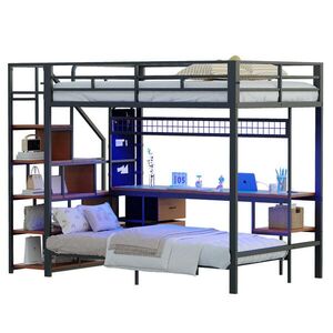Modfu VYVÝŠENÁ posteľ z kovu a dreva 140x200 cm čierna s písacím stolom, LED osvetlením a zásuvkami vyobraziť