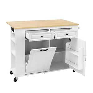Modfu KUCHYNSKÝ ostrovček z MDF 120x70x92 cm biela/prírodná na kolieskach s výklopnou doskou, zásuvkami a priehradkou na odpad vyobraziť