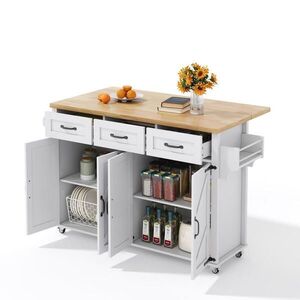 Modfu KUCHYNSKÝ ostrovček z MDF 140x70x90, 5 cm biela/prírodná so sklápacou doskou, zásuvkami a kolieskami vyobraziť