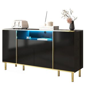 Modfu KOMODA z MDF a DTD 150x40x80 cm čierna s LED osvetlením, 4 dvierkami, zásuvkou a zlatými detailmi vyobraziť