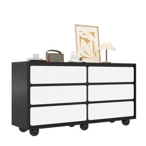 Modfu KOMODA z drevotriesky 140x38x74, 5 cm biela a čierna so 6 zásuvkami, zaoblenými hranami a kovovými nožičkami vyobraziť