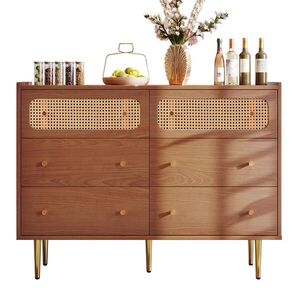 Modfu KOMODA z drevotriesky, MDF a kovu 120x40x90 cm v odtieni orech so 6 zásuvkami, ratanovými detailmi a kovovými nožičkami vyobraziť