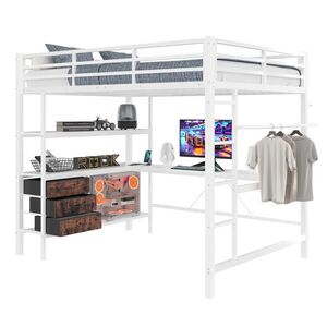 Modfu VYVÝŠENÁ posteľ z kovu a MDF 140x200 cm biela s LED osvetlením, pracovným stolom a úložným priestorom vyobraziť