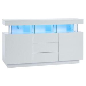 Modfu KOMODA z drevotriesky a akrylu 140x35x80 cm biela s LED osvetlením, 3 zásuvkami a veľkým úložným priestorom vyobraziť