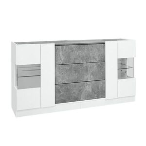 Modfu KOMODA z MDF a skla 140x35x75 cm biela s sivým mramorovým dekorom, LED osvetlením a 3 zásuvkami vyobraziť