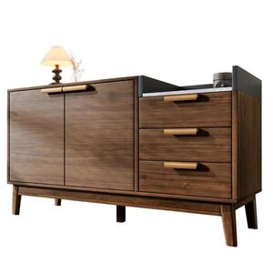 Modfu KOMODA z MDF a masívneho dreva 120x40x77 cm tmavý dub s otvorenou policou, 3 zásuvkami a dvierkami vyobraziť