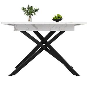 Modfu JEDÁLENSKÝ stôl z MDF a kovu 160x80x76, 5 cm biely s rozkladacou doskou a krížovými nohami vyobraziť