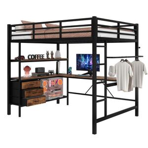Modfu VYVÝŠENÁ posteľ z kovu a MDF 140x200 cm čierna s LED osvetlením, písacím stolom, USB a 3 zásuvkami vyobraziť