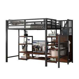 Modfu VYVÝŠENÁ posteľ z kovu a MDF 90x200 cm čierna s TV skrinkou, zásuvkou a úložným rebríkom vyobraziť