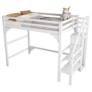 Modfu VYVÝŠENÁ posteľ z borovicového dreva a MDF 140x200 cm biela so schodmi a šatníkovou skriňou vyobraziť