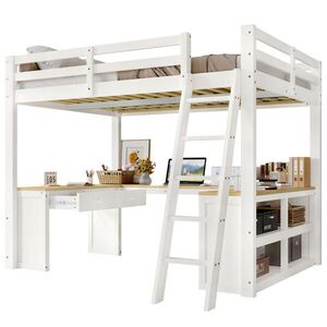 Modfu VYVÝŠENÁ detská posteľ z masívneho dreva a MDF 140x200 cm biela/prírodná s U stolom, 2 zásuvkami a policou vyobraziť