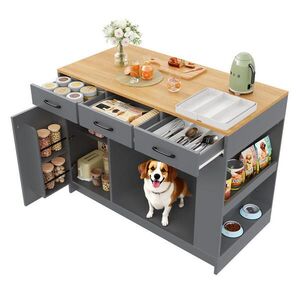 Modfu KUCHYNSKÝ ostrovček z MDF 120x60x90 cm prírodná/sivá s 3 zásuvkami, nastaviteľnou policou a priestorom pre domáce zviera vyobraziť