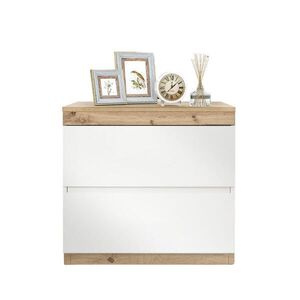 Modfu NOČNÝ stolík z drevotriesky 55x40x55 cm biely a dubový s 2 zásuvkami a úložným priestorom vyobraziť